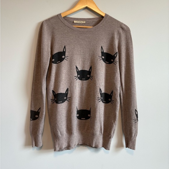 DD Style Cat Print Wool Blend Brown Sweater | Size Small/Medium - Picture 2 of 8